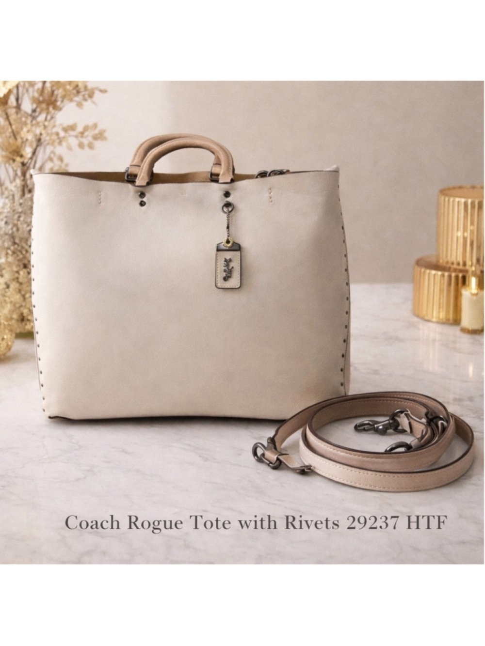 RARE Coach Rogue Tote 29237 Rivets Chalk Glove Leather HTF Collector Bag